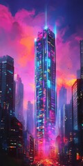 Wall Mural - Creative artwork of a synthwave skyscraper, featuring vibrant colors and surreal conceptual designs.