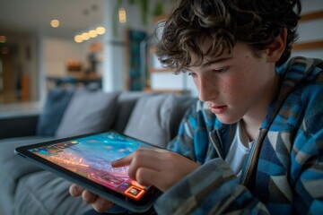 Close-up of a young man intensely playing a video game on a tablet PC while sitting on a couch in a modern living room. The screen displays vibrant graphics as the man focuses on his game.