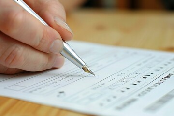 Fototapete - close-up photo of a person filling out a survey form with a pen, showcasing the process of providing feedback and customer satisfaction.