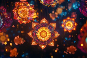 Poster - Diwali background with surreal, glowing mandalas hovering in mid-air.