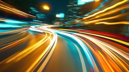 Abstract streaks of light from speeding cars on a city street at night.