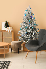 Canvas Print - Interior of living room with decorated Christmas tree, dresser and armchair