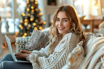 young woman sitting on a cozy sofa, using a laptop with a smile on her face.