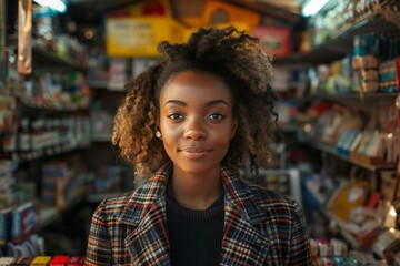 portrait of a stylish and confident sales person standing behind the counter of a small retail store, looking friendly and ready to assist customers.