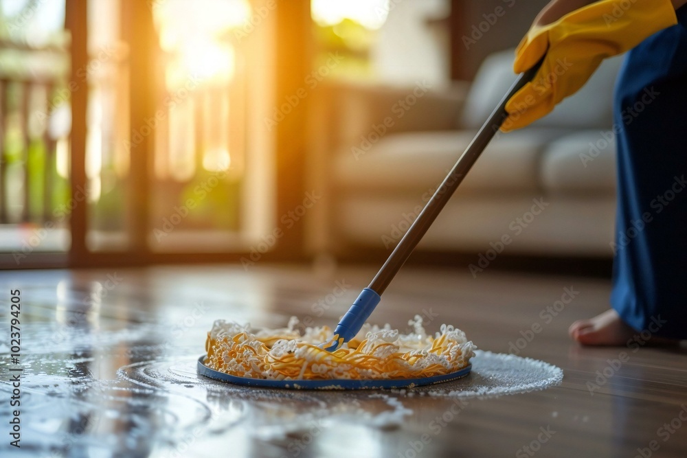 young maid in a uniform cleaning a hardwood floor with a mop. Stock ...