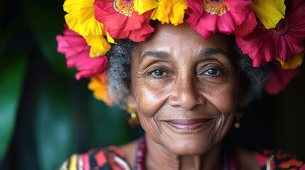 This smiling woman showcases a colorful floral headdress, surrounded by vibrant greenery in a sunny tropical environment