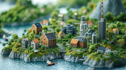 A vibrant miniature town showcases various buildings and greenery set against clear blue water, highlighting intricate details and natural beauty