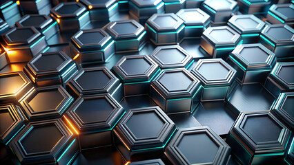 Wall Mural - 3d hexagonal background with glowing neon lines, volumetric design in silver and black tones