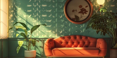 Sticker - A living room with a red couch and a potted plant