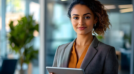 Confident Mixed-Race Businesswoman Holding Digital Tablet in Modern Office