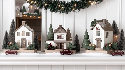 Sticker - An arch-shaped shelf displays charming cardboard houses and vibrant green trees, illuminated by warm lights and surrounded by golden decorations for a festive atmosphere.