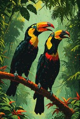 vivid illustration of two toucans perched on a branch in a lush jungle setting, perfect for wildlife