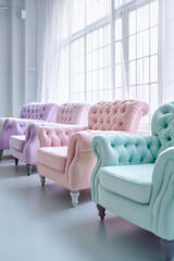 Row of different upholstered armchairs in pastel colors. Assortment of upholstered furniture, choice