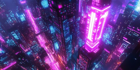 Sticker - Aerial view of a neon-lit skyscraper in a synthwave-themed cityscape.