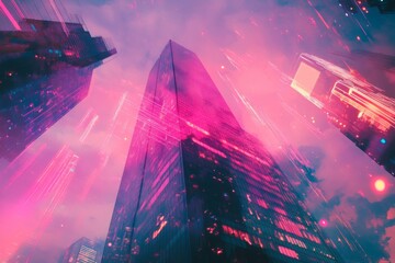 Poster - Artistic double exposure image of a synthwave skyscraper, merging with city lights and abstract synthwave patterns.