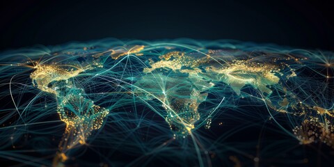 A digital world map showcasing global network connections with glowing lines and nodes, symbolizing international communication and technology.