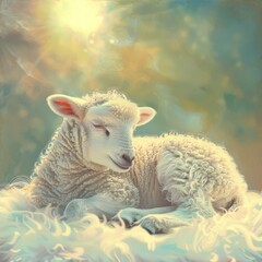 Poster - A cute, fluffy lamb peacefully resting in a sunlit meadow, surrounded by soft pastel colors and a dreamy atmosphere.