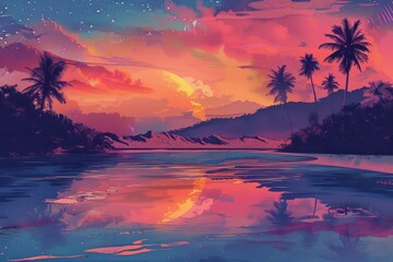 Wall Mural - A beautiful painting of a tropical beach with a sunset in the background. The sky is filled with vibrant colors, and the water is calm and reflective