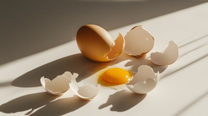 Cracked egg with yolk spilling out surrounded by empty eggshells, symbolizing food safety recall on clean white surface