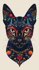 Wall Mural - Cat head silhouette with bright tribal ornaments.