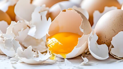 Cracked egg with yolk spilling out surrounded by empty eggshells, symbolizing food safety recall on clean white surface