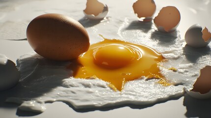 Cracked egg with yolk spilling out surrounded by empty eggshells, symbolizing food safety recall on clean white surface