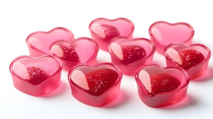 Pink heart-shaped jelly candies with strawberry inside on white background