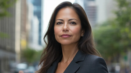 A woman in a black suit is standing in front of a building