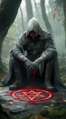 The dark sorcerer kneels in the center of a pentagram drawn in blood, eyes glowing as he calls forth the spirits of the damned to do his bidding.