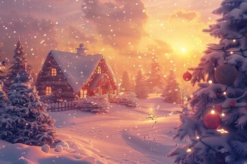 Wall Mural - A small house with a red roof sits in a snowy field. The house is surrounded by trees and there is a Christmas tree in the foreground. The scene is peaceful and serene