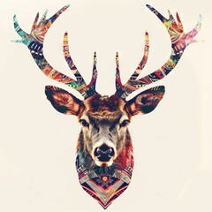 Poster - Deer head in double exposure with vibrant tribal patterns.