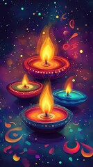 Sticker - A colorful painting of four candles in different colored bowls. The candles are lit and the bowls are arranged in a pyramid shape. The painting has a festive and celebratory mood