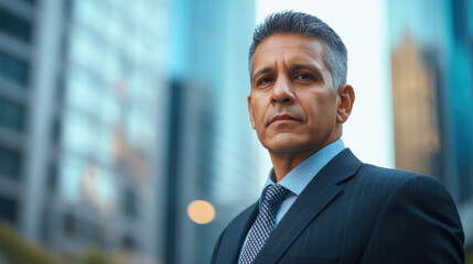 A man in a suit and tie stands in front of a building