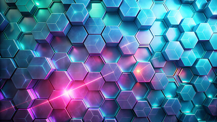Wall Mural - abstract background with overlapping hexagonal tiles in turquoise and violet with a cracked light ef