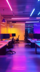 Poster - A brightly lit office with neon colored lights and chairs