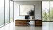 © hiiDeE - Contemporary home office with sleek furniture, natural lighting, and modern wall art, copy space