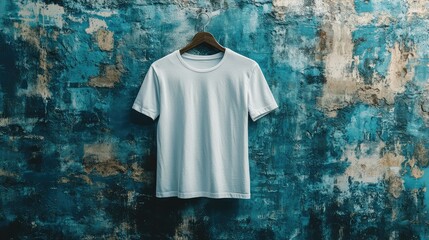  image of a casual T-shirt hanging on a rustic textured wall