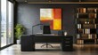 © hiiDeE - Contemporary home office with sleek furniture, natural lighting, and modern wall art, copy space