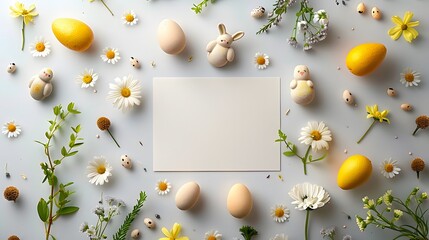 Wall Mural - Easter eggs and floral arrangement surrounding a blank card on light background. Flat lay composition with copy space. Easter celebration. Design for banner, invitation, greeting card, poster.