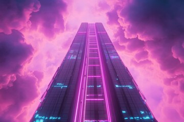 Silhouette of a futuristic skyscraper against a neon-lit synthwave sky.