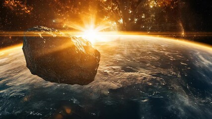 Wall Mural - A large asteroid is seen approaching Earth as the sun shines in the background