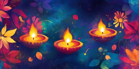 Sticker - A painting of three lit candles in a blue background with flowers. The mood of the painting is warm and festive