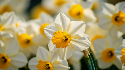 Wall Mural - A close-up shot of white daffodils with pristine white petals and bright yellow centers, showcasing their large flower heads in full bloom.