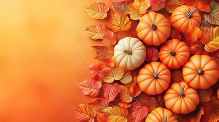 Poster - Abstract composition of pumpkins and autumn leaves in a gradient of warm hues for a Thanksgiving backdrop.