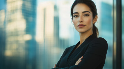 A woman in a black suit is standing in front of a building with her arms crossed