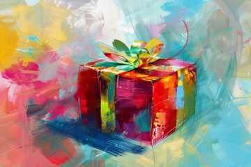 Poster - Abstract depiction of a holiday present with vibrant and dynamic colors.