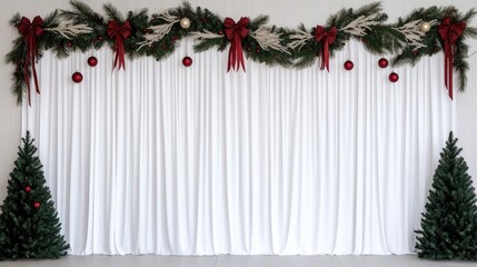 A cozy kitchen showcases white lace curtains with red ornaments and ribbons, enhanced by vibrant red Christmas decorations lining the walls