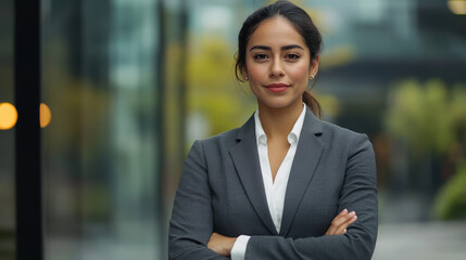 A woman in a business suit stands in front of a building with her arms crossed