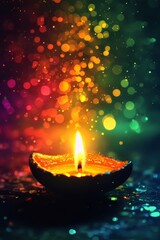 Poster - A single candle flame glowing brightly against a colorful bokeh background, perfect for festive, spiritual, and meditative themes.