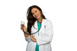 © PeopleVideos - Portrait of a young female doctor in a lab coat holding a stethoscope